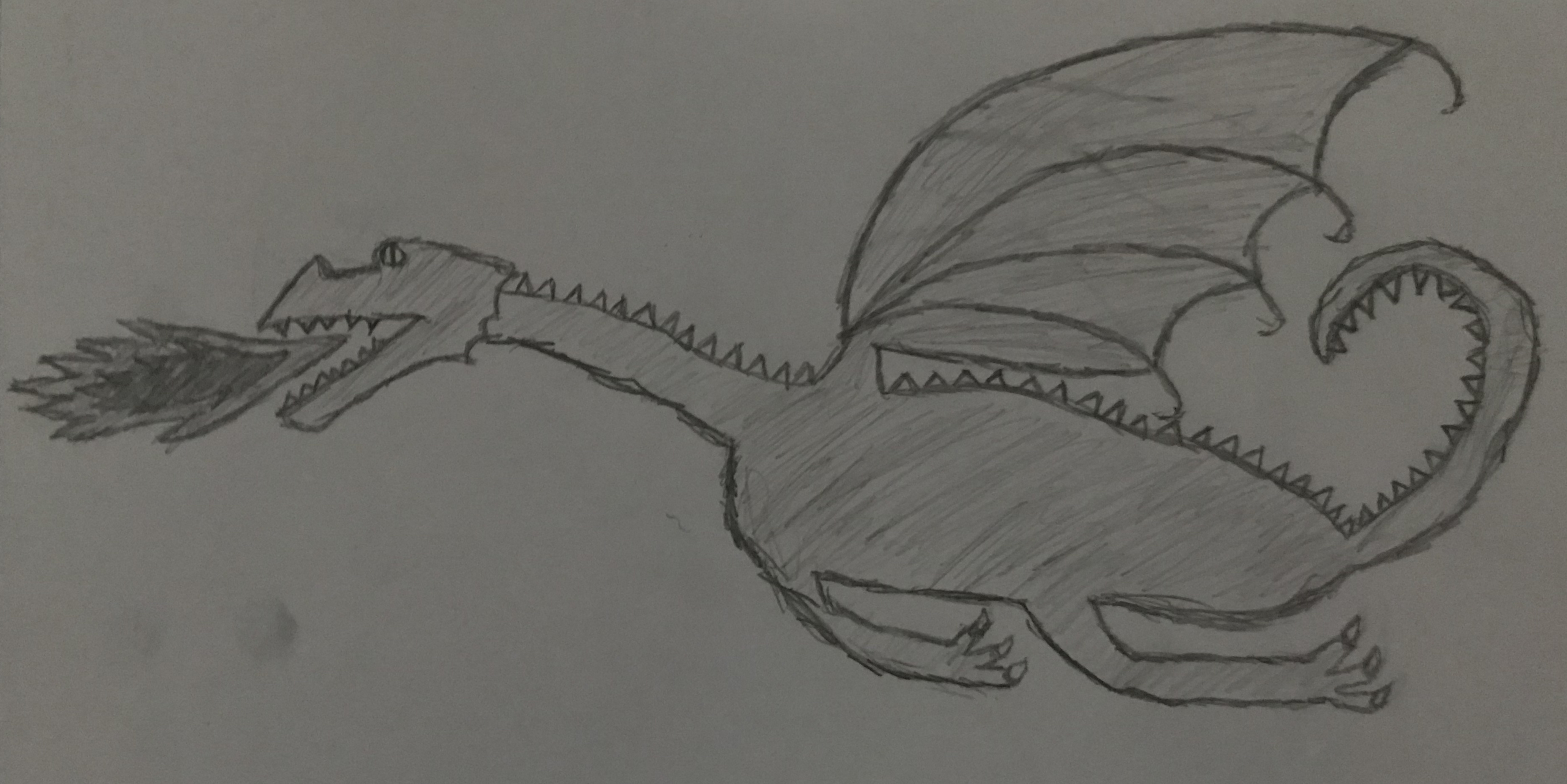 pencil drawing of a dragon flying and shooting fire from its mouth