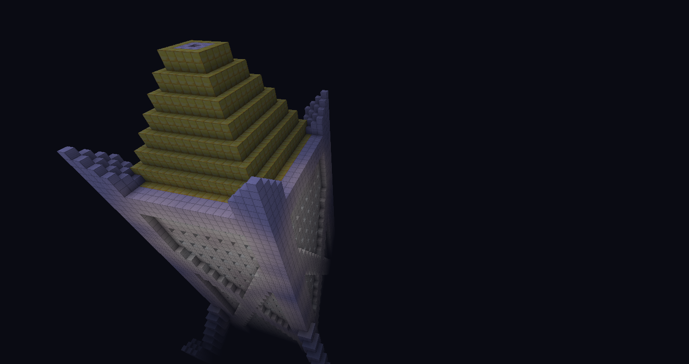 minecraft building of a square silver tower with a golden pyramid on top