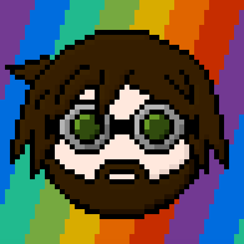 pixel art person with light skin and brown hair and beard and goggles on rainbow background