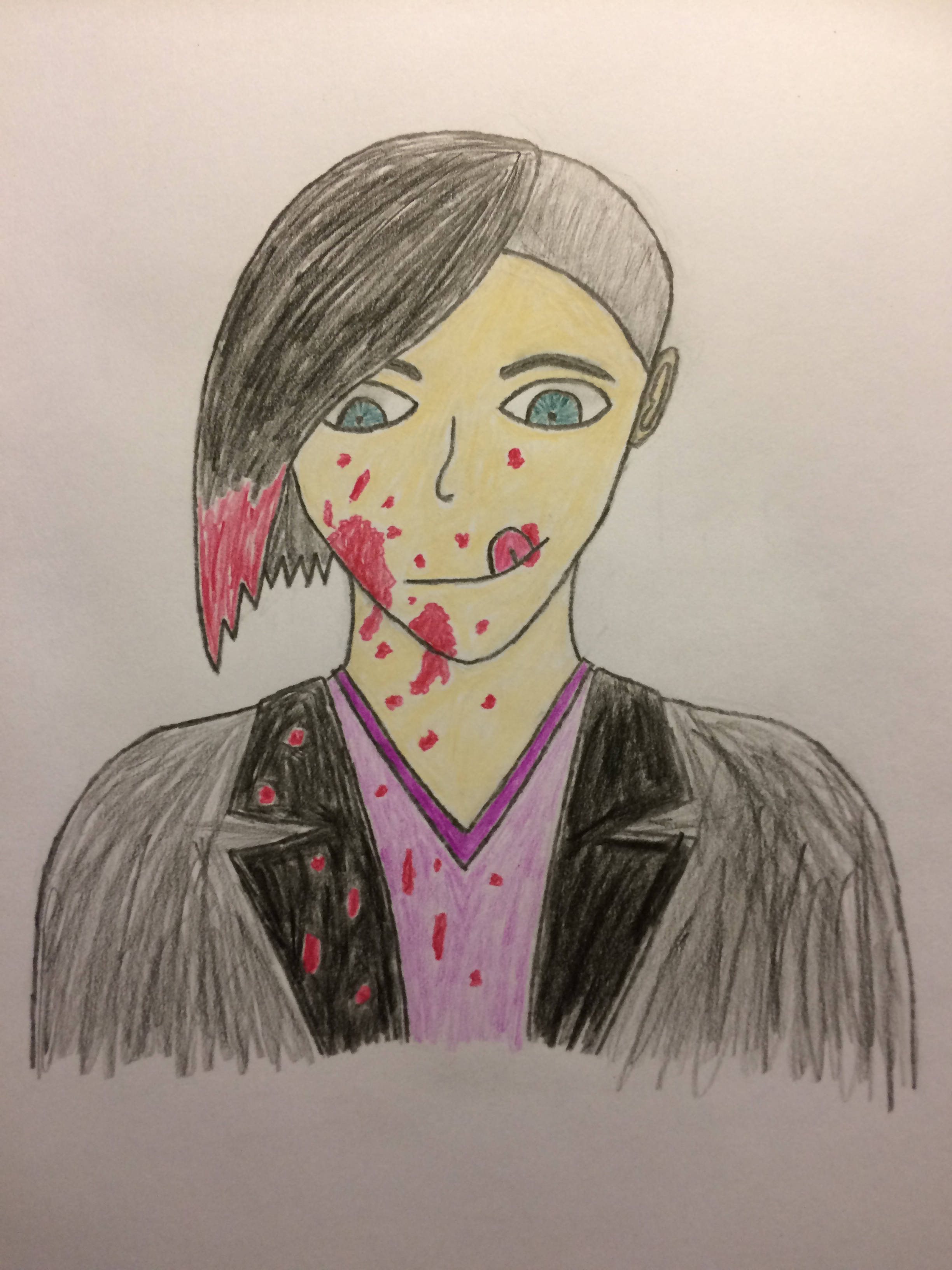 drawing of a person with light skin and green eyes and black hair which is shaved on one side, they are wearing a purple shirt and black blazer, there is some red stuff splashed across their face and hair and chest, they are smiling slightly and has their tongue out to lick up some red stuff on their lips