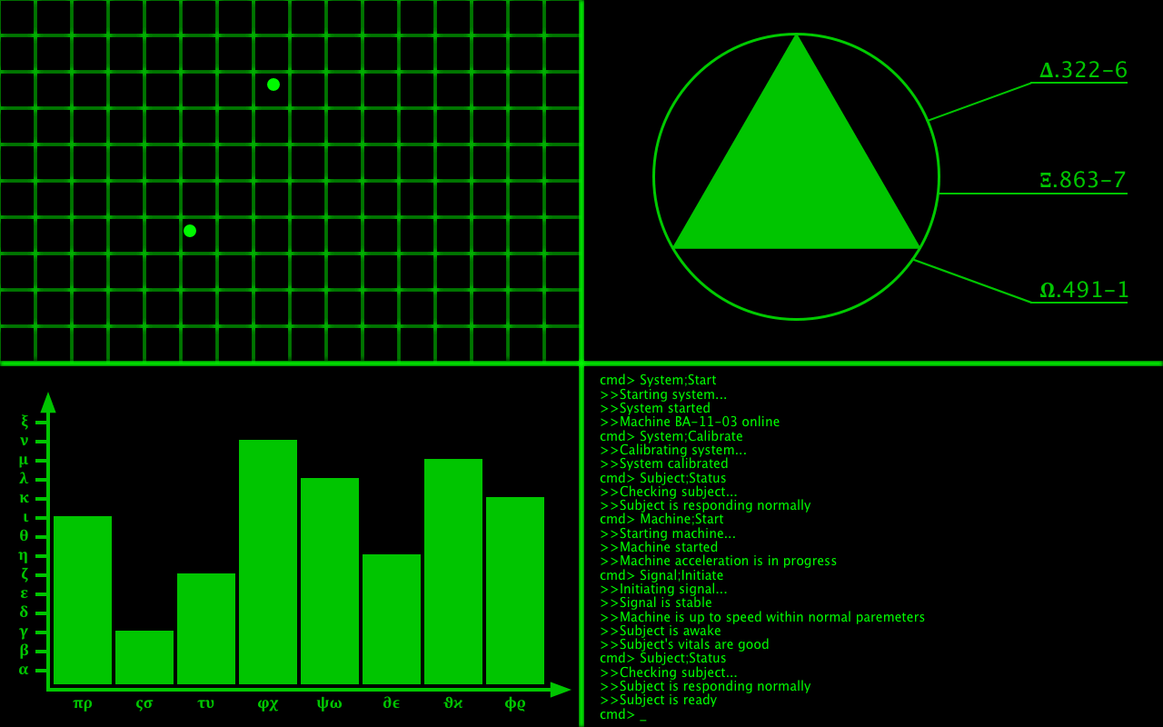 animated image in green and black divided into four segments, the top left is a grid with four blinking points, the top right is a circle with a polygon constantly changing its amount of sides in it and three numbers next to it, the bottom left is a bar graph with multiple bars going up and down, the bottom right is a bunch of text talking about starting and calibrating a machine
