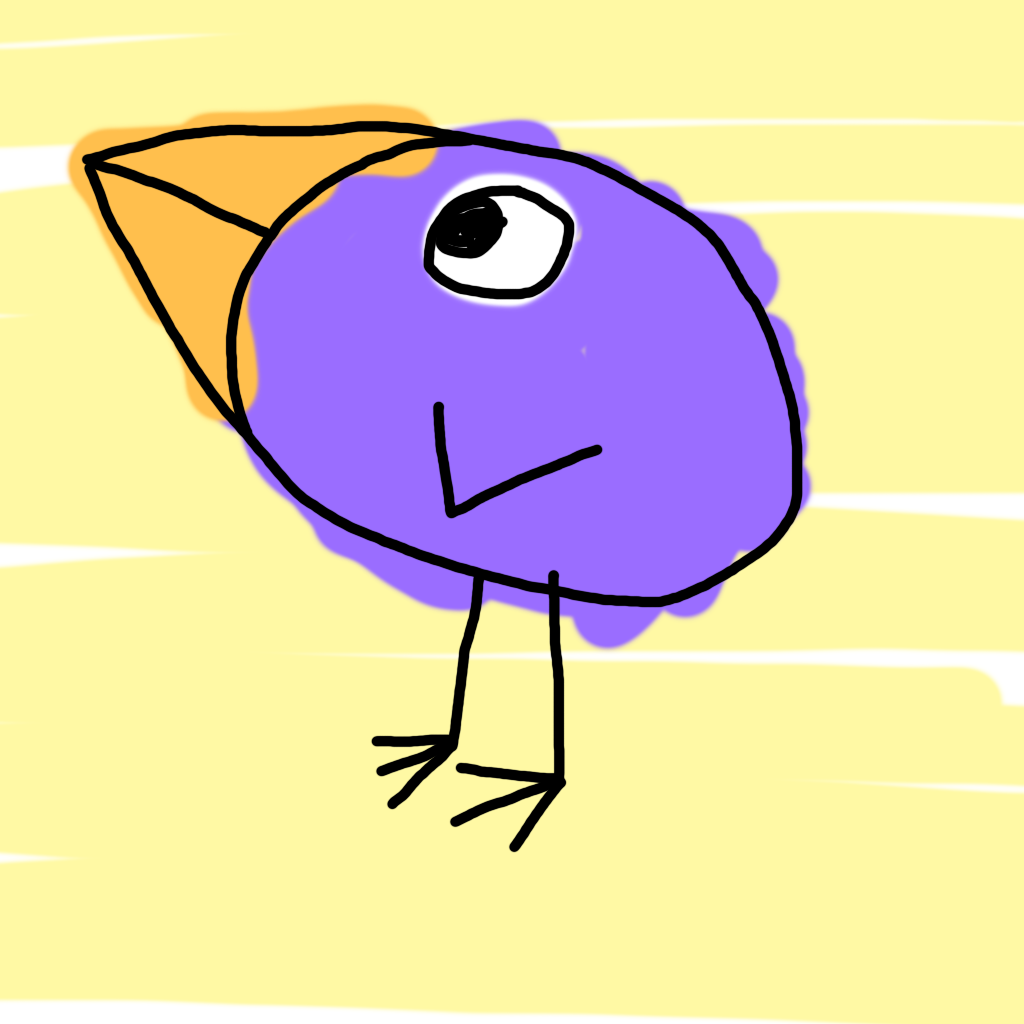 simple digital drawing of a purple bird with an orange beak on a light yellow background