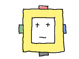animated digital drawing of a square yellow device saying hello world, it has a red button on the top and a green button on the left and a blue button on the right and a black button on the bottom, it has a square screen with a face consisting of plusses for eyes and a mouth that moves as it speaks