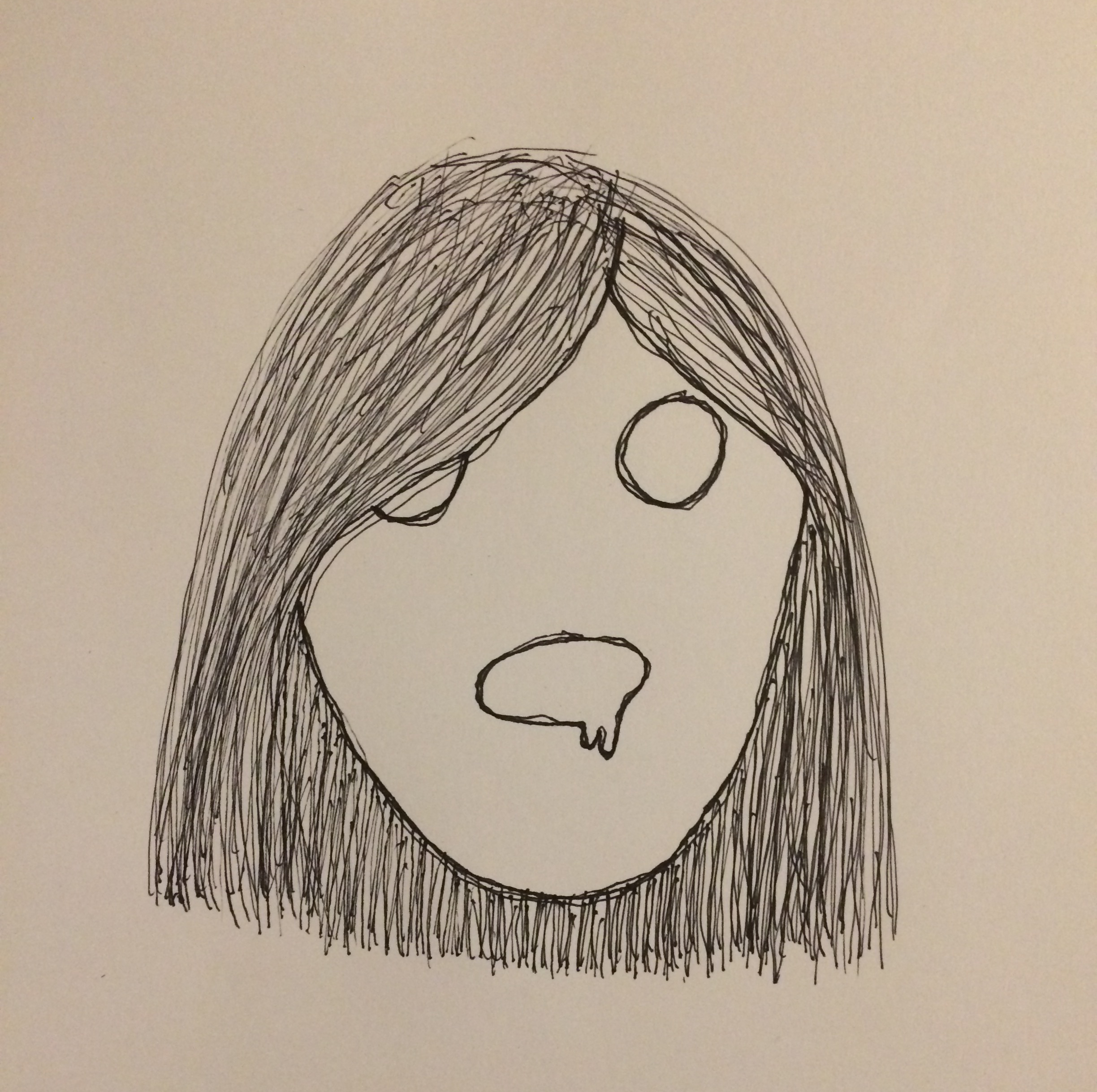 drawing of a person with dark medium length hair and empty eyes and a drooling mouth