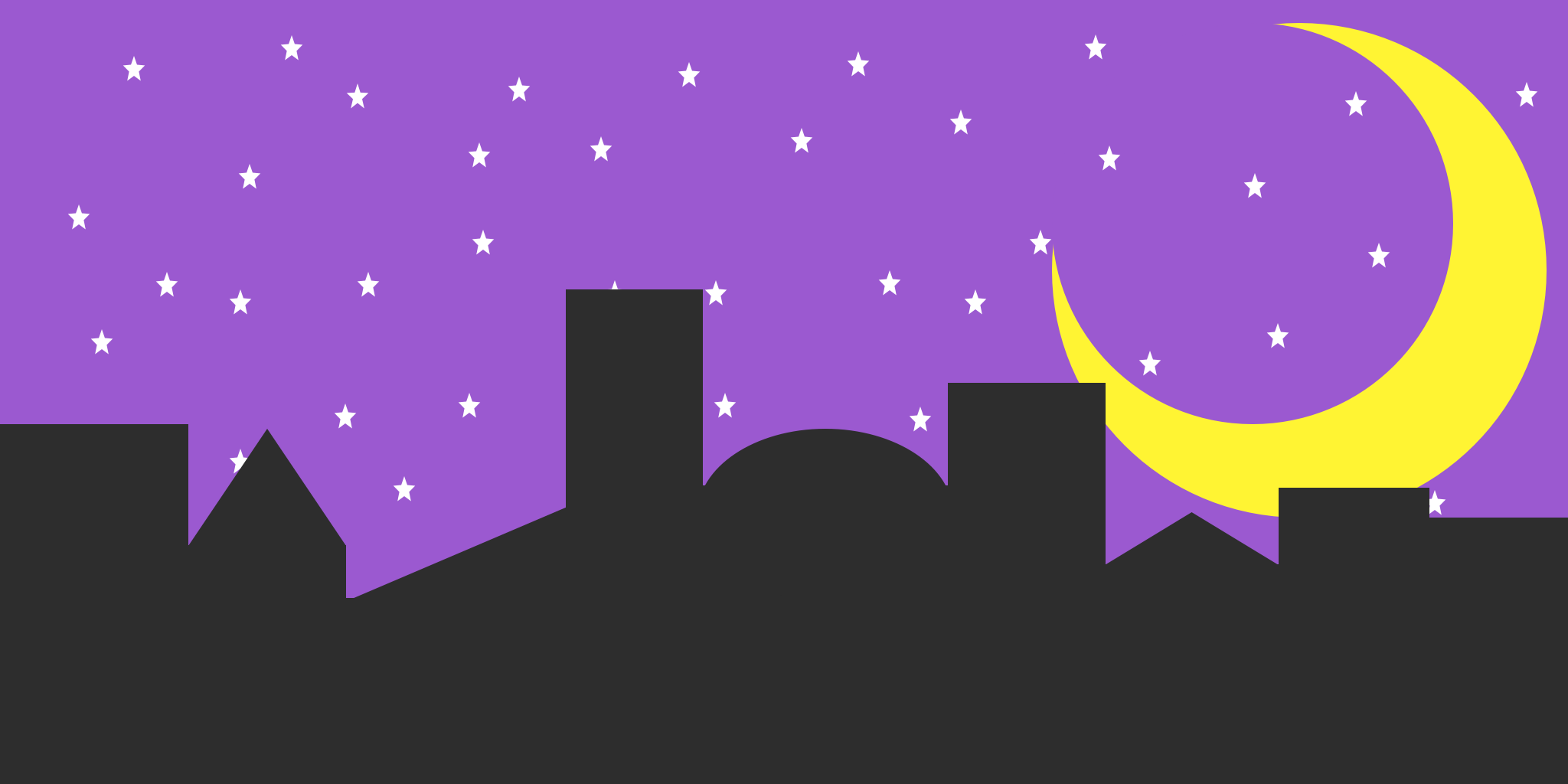 black silhouette of a city with a purple sky filled with white stars and a yellow moon behind it