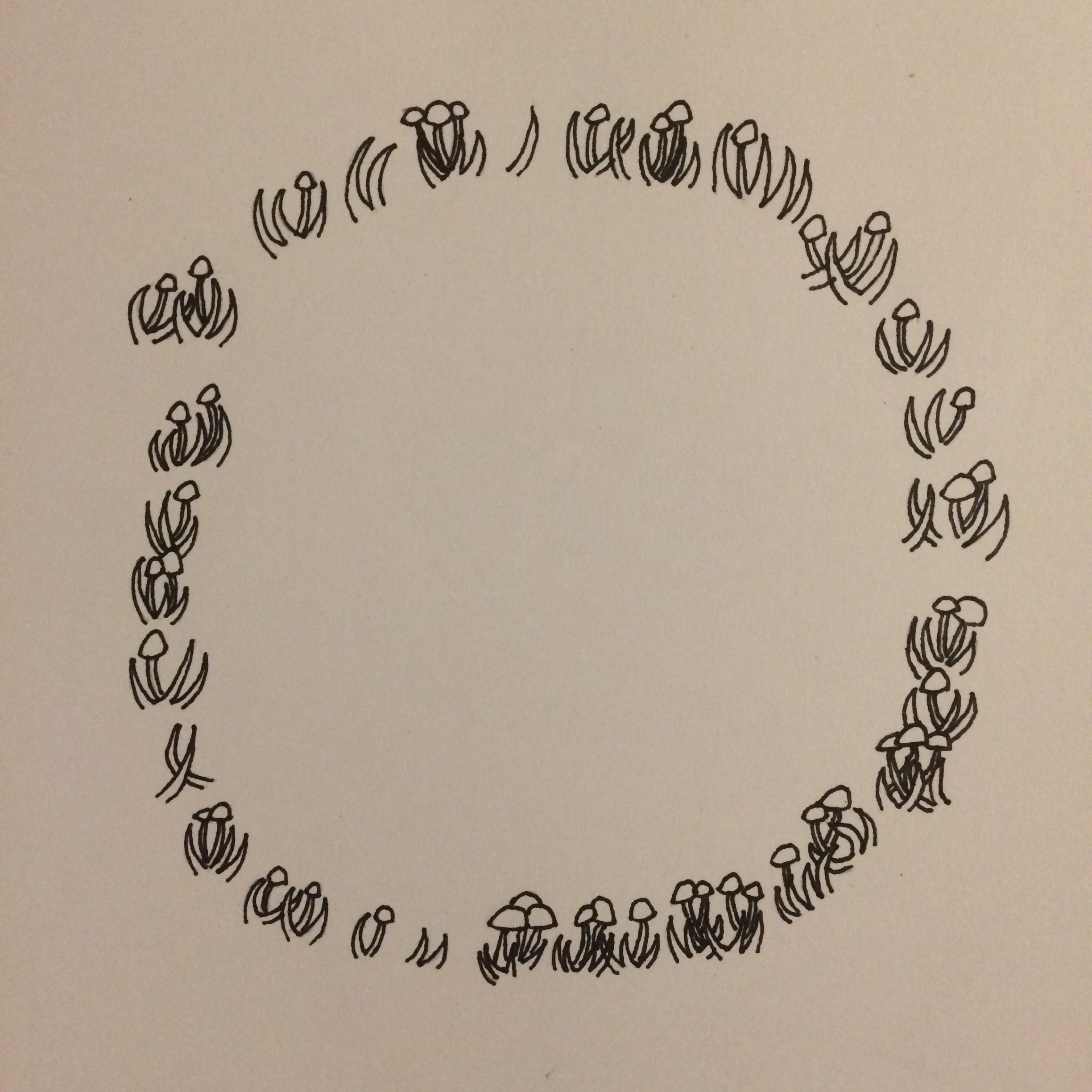drawing of a ring consisting of small mushrooms and blades of grass