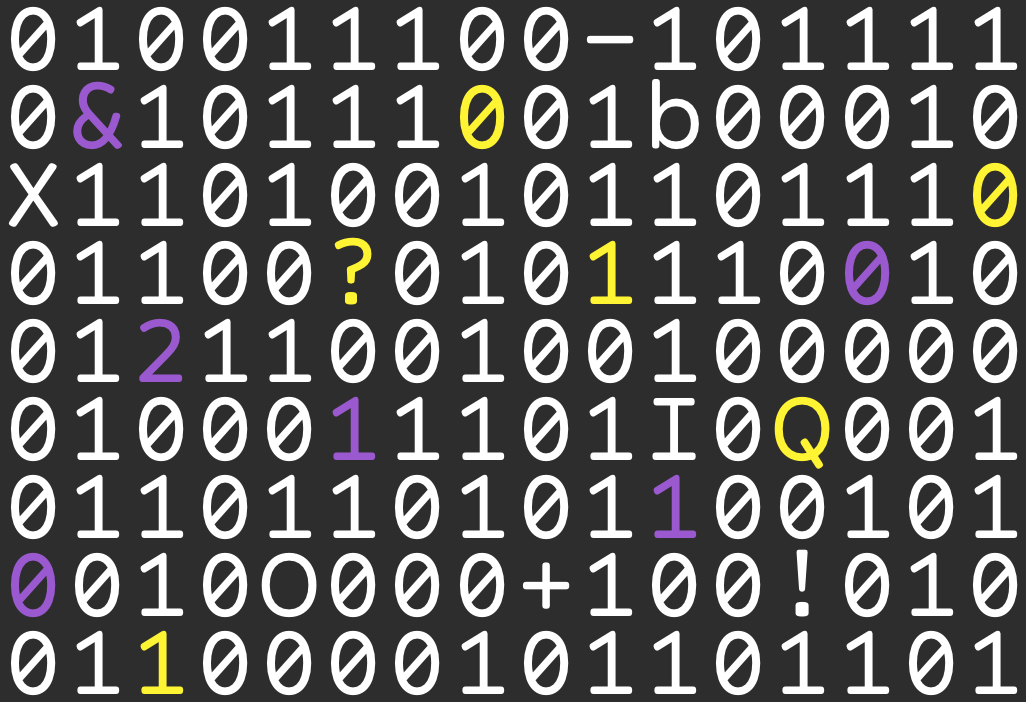 mostly binary text with some other characters all in the colours of the non-binary flag